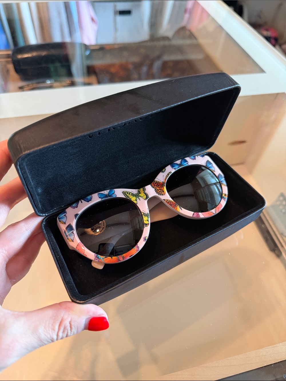 Versace Pink Butterfly Print Round Sunglasses - Picture 3 of 4